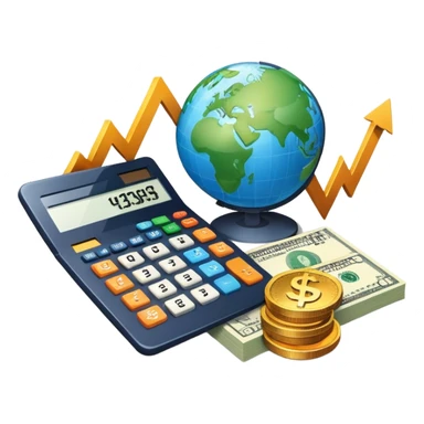 An icon featuring a calculator, a dollar sign, and a chart with upward trends, symbolizing economics. The design includes coins, bills, and a globe, representing global trade and financial systems. Transparent background highlights the study of markets, supply, and demand. sticker