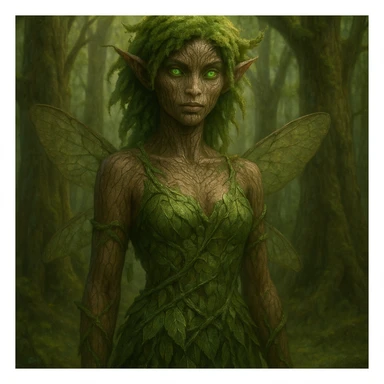 forest guardian fairy with bark-textured skin, mossy hair, and glowing green eyes, mystical nature-inspired style sticker