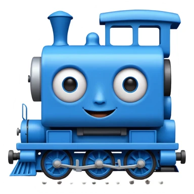 An square blue train with a human face at the front sticker