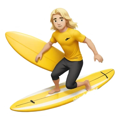 Man surfing on a yellow white board with long blond hair, yellow t-shirt with black Nike logo in center of chest, black baggy sweatpants. sticker