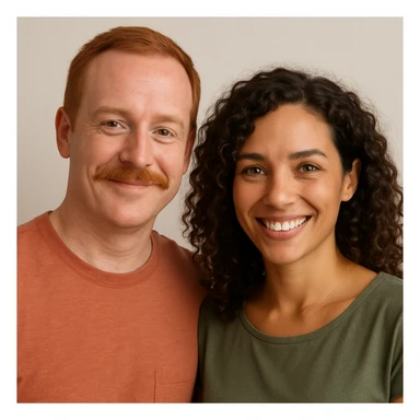 ginger man with brown eyes and ginger mustache, next to a brown curly haired woman with green eyes and tan skin, both friendly, upper body, plain background sticker