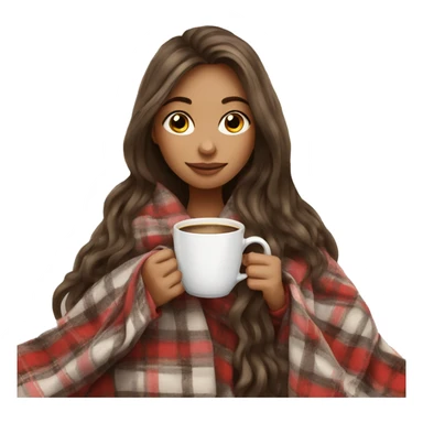 Beautiful girl with long hair wrapped in cozy plaid blanket drinking coffee sticker