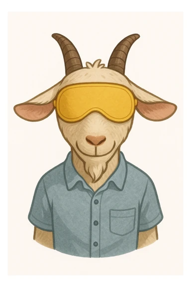 a goat with yellow sleep mask and wearing shirt, front view,  Frontal Top-Down Soft Light, white background, portrait, casual cartoon stylized sticker
