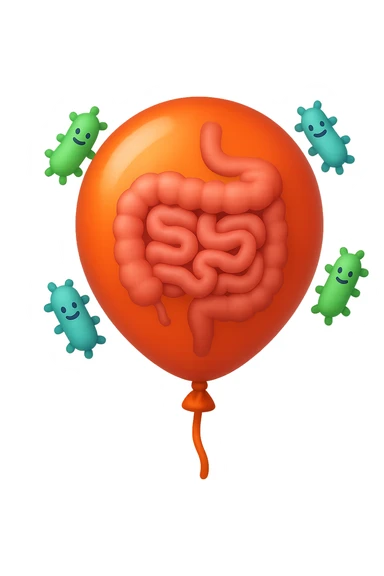 emoji stile iphone di un palloncino con intestino dentro e batteri intestinali intorno sticker