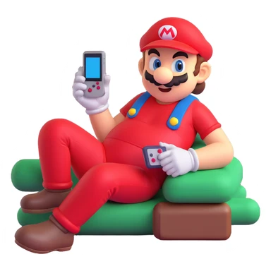 Super Mario lounging and playing a Gameboy, relaxed pose sticker