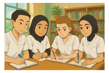 Four nursing students, Ghibli style, inspired by the faces in the photos, taking notes together at a table. They wear short-sleeved white uniforms with V-neck medical tunics, left chest pocket, no collar stand, no stethoscopes, bare forearms, and long hair tied back for those who have it. The interior decor is bright and studious. sticker