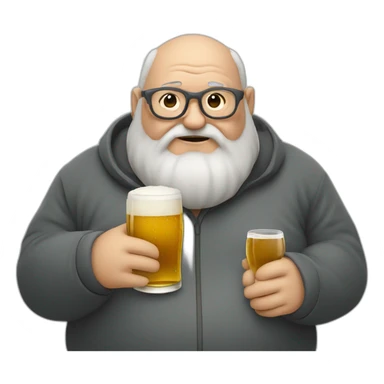 fat old man with dark grey beard and without hair, using eye glass drinking beer sticker