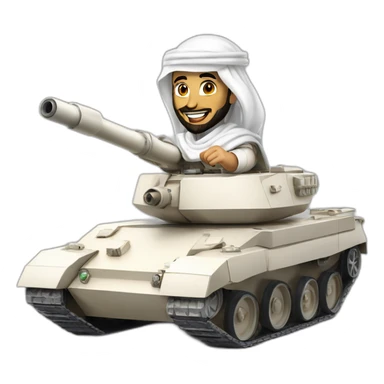 prince from Saudi Arabia with a beard in a white  shemagh national headdress riding  on a tank, smiling sticker