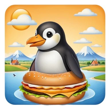 penguin eating a hamburger while flying over a Dutch landscape sticker