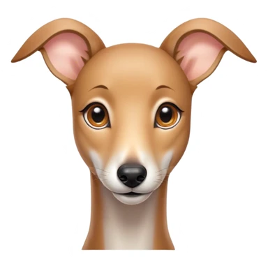 Cinematic Cute Fawn Greyhound Portrait Emoji, Head tilted playfully and inquisitively, featuring a sleek fawn Fur with a gentle sheen, round, sparkling eyes filled with curiosity, Simplified yet irresistibly adorable features, highly detailed, glowing with a warm, friendly glow, high shine, affectionate and nimble, stylized with a touch of whimsy, bright and endearing, soft glowing outline, capturing the essence of a mischievous yet loving racer, so playful it feels like it could sprint out of the screen and into your arms! sticker