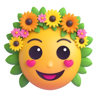 3D smiley emoji, large eyelashes, girly, floral headpiece, loving eyes sticker