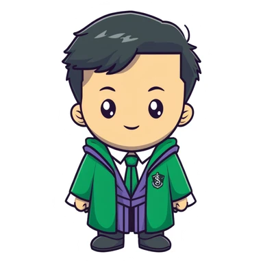 Young wizard in Slytherin uniform with green tie and robe sticker