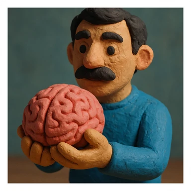 a dark-haired man with a mustache holding a brain, claymation style, more saturated colors, visible fingerprints sticker