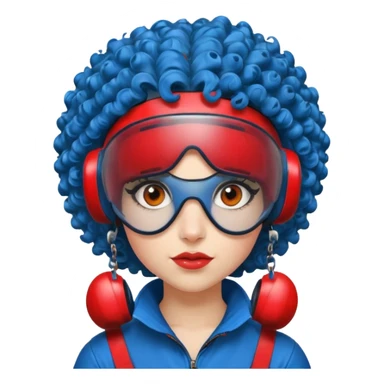 blue curly haired girl with huge earrings wearing red paintball helmet and eye protection, only face  sticker