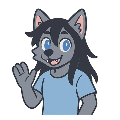 anime style wolf furry character with blue eyes, long black hair, wearing a light blue shirt sticker