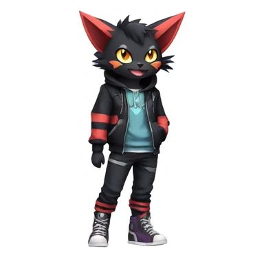 Cool Anthro Black Noibat-Quilava-Litten-Pokémon with edgy stripes hoodie spiked collar punk Full Body sticker