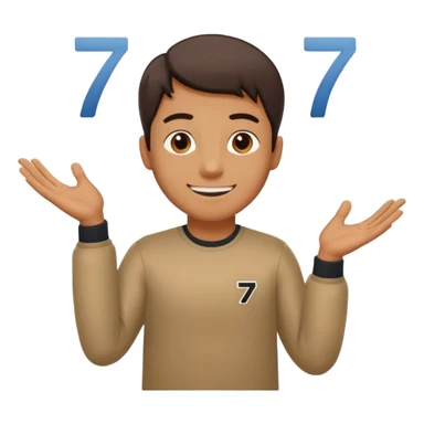 A man shrugging his shoulders with 6 abuve his left hand and 7 abuve his right sticker