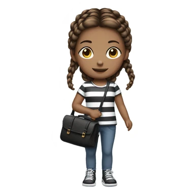 girl with brown hair two braids holding small black and white striped bag sticker