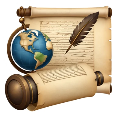 An icon featuring an ancient scroll, a quill pen, and a globe, symbolizing the study of history. The design includes a timeline with significant historical events, with ruins in the background to evoke past civilizations. Transparent background emphasizes the exploration of human history sticker