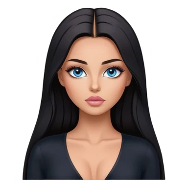Glamours make-up, tanned, beautiful, girl, with blue eyes, big pump peach-beige-rose lips, eyeliner, long lashes, black straight smooth silky long hair, parting hair in the middle,  in black v-neck bodysuit long sleeves sticker