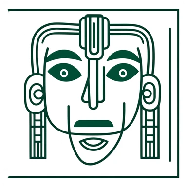 Maya hieroglyphic facial expressions: happy, sad, surprised. Only dark green lines on white background, strict minimalist geometric style sticker
