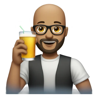 Bald young man with beard and glasses raising a drink sticker
