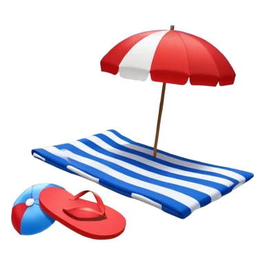 Icon for Beach Tourism: a sandy beach with a beach umbrella, flip-flops, a towel, and a beach ball, with the ocean waves in the background. The icon should capture the relaxation and fun of beach vacations. Transparent background. sticker
