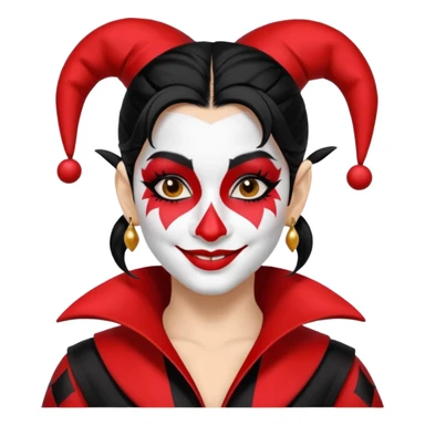 Jester woman, black and red suit, black hair, white and black make up sticker