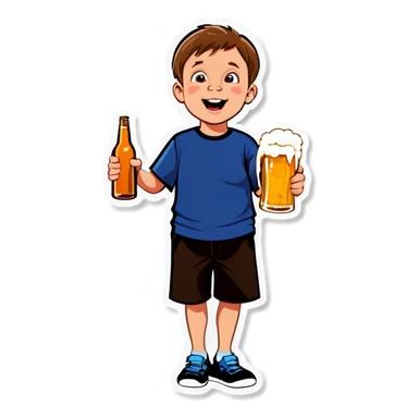 Retarded kid with a beer sticker