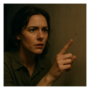 Cinematic still of a Woman looking for a dot sticker