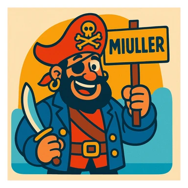 an expressive and friendly pirate holding a sign that says MIULLER, colorful illustration style, simple background sticker