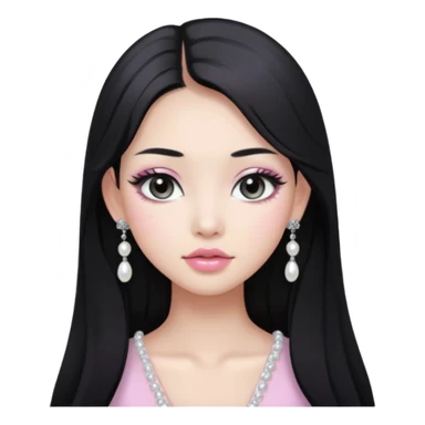 asian long black hair silver grey eyes glossy lips glittery white and light pink eyeshadow girl pearl earrings sticker