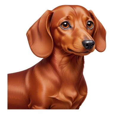 Cinematic Noble Red Dachshund Portrait Emoji, Poised and regal, with a long, low-slung build and a smooth, well-groomed red coat, deep-set soulful brown eyes, Simplified yet sharp and sophisticated features, highly detailed, glowing with a soft, dignified glow, high shine, intelligent and determined, stylized with an air of charm, focused and attentive, soft glowing outline, capturing the essence of a watchful and confident companion, so majestic it feels as though it could slide out of the screen with effortless authority! sticker