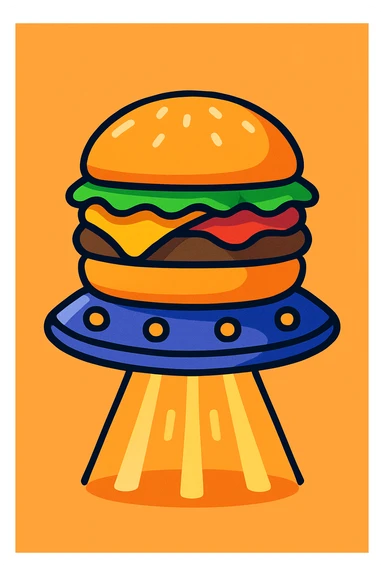 cartoon burger with UFO saucer base, beams of light shining down, colorful and fun sticker