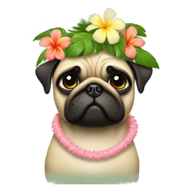 pug in a hula skirt with a coconut bra and a lei and a flower crown sticker