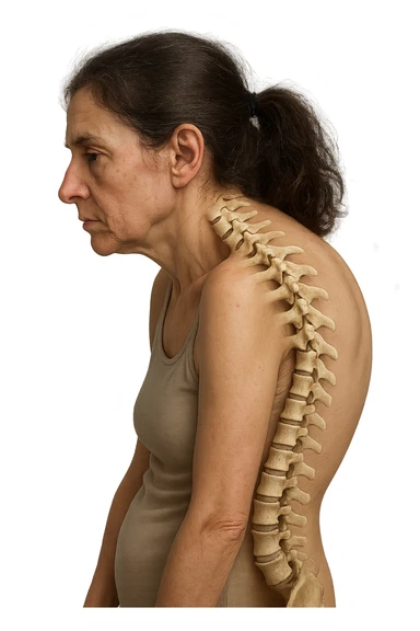 donna di profilo con spalle chiuse in avanti e postura storta, spina dorsale anatomica visibile, iperrealistico 4k sticker