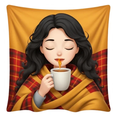 girl black hair wavy inside a blanket sipping coffee eyes closed sticker