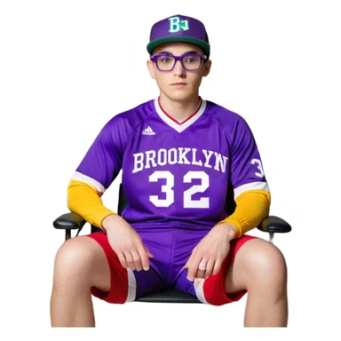 Мужчина, сидящий на кресле:

Одежда:

Он одет в фиолетовую спортивную майку с надписью "BROOKLYN CITY" и жёлтым номером "32" на груди.

Поверх майки — чёрная спортивная куртка с зелёными и жёлтыми вставками на плечах и рукавах.

На нём ярко-красные шорты.

Аксессуары:

Бело-чёрная кепка с надписью "VANOSS" и дополнительным текстом на передней части.

Очки с прозрачными линзами.

Внешность:

Длинные светло-русые волосы.

Улыбается, показывает "палец вверх" (жест "лайк").

В целом выглядит довольным и расслабленным.

Женщина, стоящая рядом:

Одежда:

Чёрный удлинённый пиджак классического кроя, застёгнутый на пуговицы.

Под пиджаком виднеется белая футболка или блузка.

Нижняя часть — короткая чёрная юбка, ноги открыты.

Внешность:

Длинные тёмные волосы, уложенные мягкими волнами.

Выражение лица слегка отстранённое или задумчивое, взгляд в сторону.

Правая рука лежит на плече сидящего мужчины. sticker