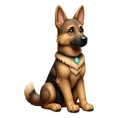 cinematic-[german shepherd]-realistic-full-body-sitting-emoji,-tail-resting-loosely-beside-its-paws,-head-tilted-dramatically,-sleek-[brown and black]-fur,-simplified-yet-realistic-focused-features,-highly-detailed,-glowing-with-an-almost-sarcastic-glow sticker