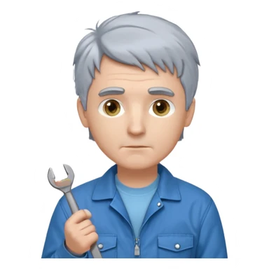 Calm and independent male technician, fair skin, short tousled grey hair, cool light-blue eyes, serious but composed expression, wearing a blue work jacket over a grey t-shirt, holding a wrench in one hand and a mechanical gear in the other, waist-up, front-facing sticker