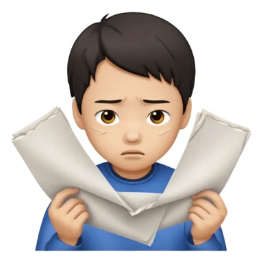 Envy - feeling of discontent at another\'s advantages or possessions - young chinese boy tearing up papers sticker