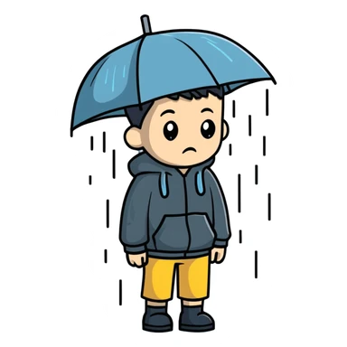 Boy standing alone in the pouring rain, looking sad sticker