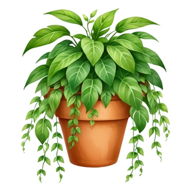 A vibrant hanging plant in a terracotta pot, painted in soft watercolor strokes with detailed leaves cascading down. sticker