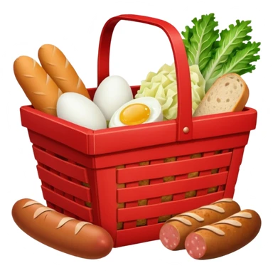 red basket with groceries: milk, bread, sausage, eggs, potatoes, carrots, onions, cabbage sticker