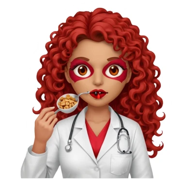 Sensual Spanish Lilith core evil surgeon.red outfit.  Surgeon has red eyes. Her hair is brown long and  curly. wearing a sexy surgeon outfit with platform heels.she is a calculated smart cereal killer. She covers only her mouth and nose to hide identity  sticker