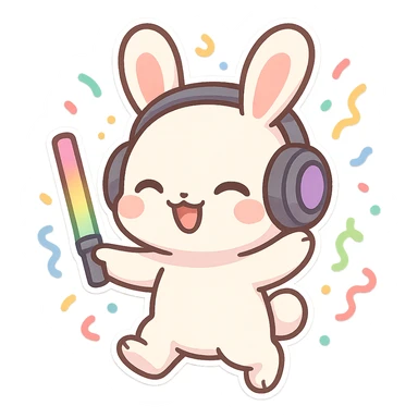 cute rave bunny wearing headphones, holding a glow wand, surrounded by confetti, festive mood sticker