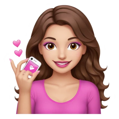 girl with long wavy brown hair, brown eyes, long lashes, sexy pink lips, light to medium complexion, wearing a pink sexy top, smiling, finger tips touching sticker