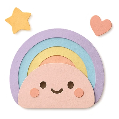 adorable pastel tiny rainbow, floating star and heart, no arms or legs, transparent background, full body, kawaii paper craft style sticker