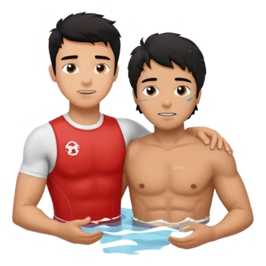 Dark Tan Muscular teen lifeguard boy with messy black hair rescuing old lady in pool sticker