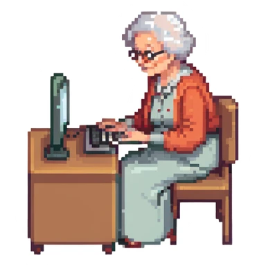grandma typing on a computer on black background sticker